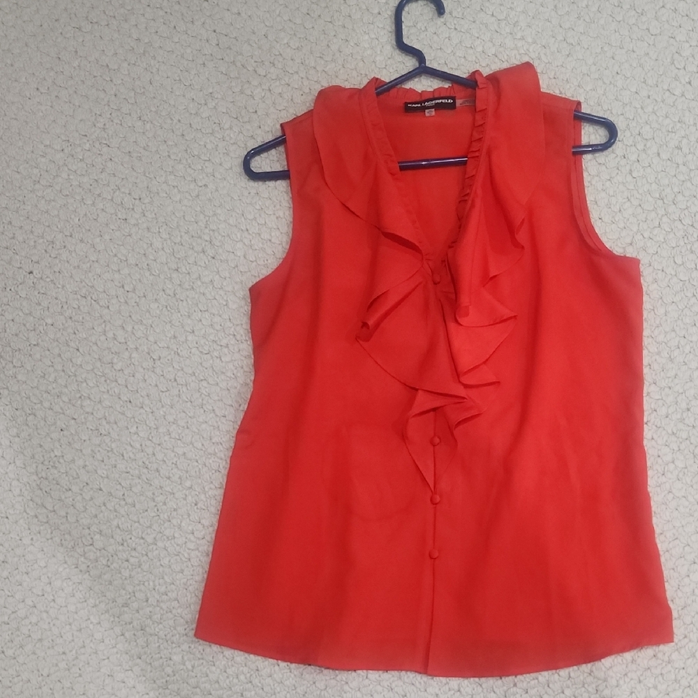 Karl Lagerfeld Red Sleeveless Ruffle Blouse